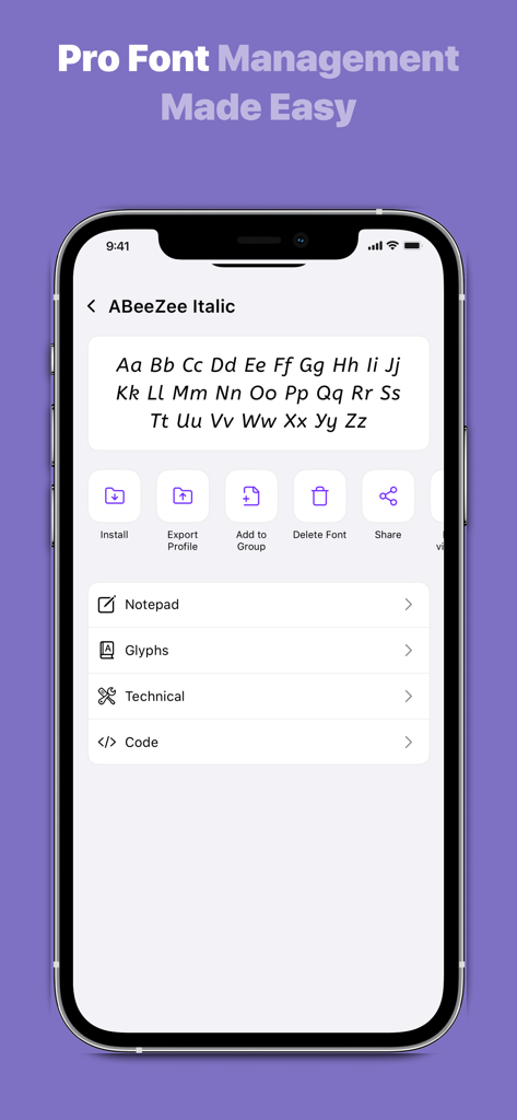 Fonts - Find, install any font - ABeeZee Italic 글꼴의 글꼴 설치 및 관리 옵션을 표시하는 iPhone 화면