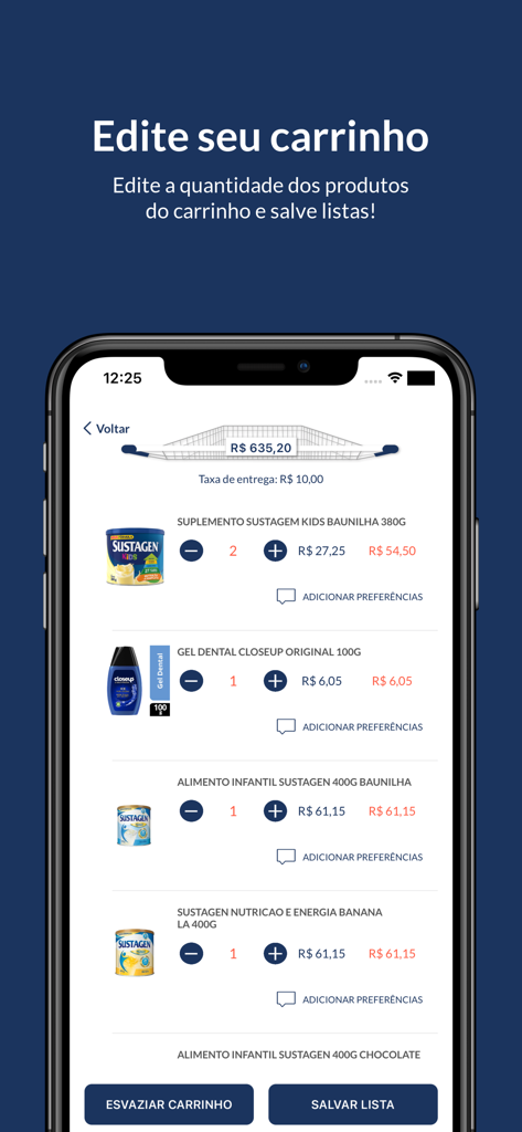 Casa Garcia Gourmet - Interface do aplicativo móvel Casa Garcia Gourmet mostrando um carrinho de compras com lista de produtos e controles de quantidade