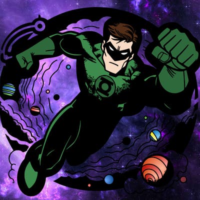 green lantern flying through space fighting