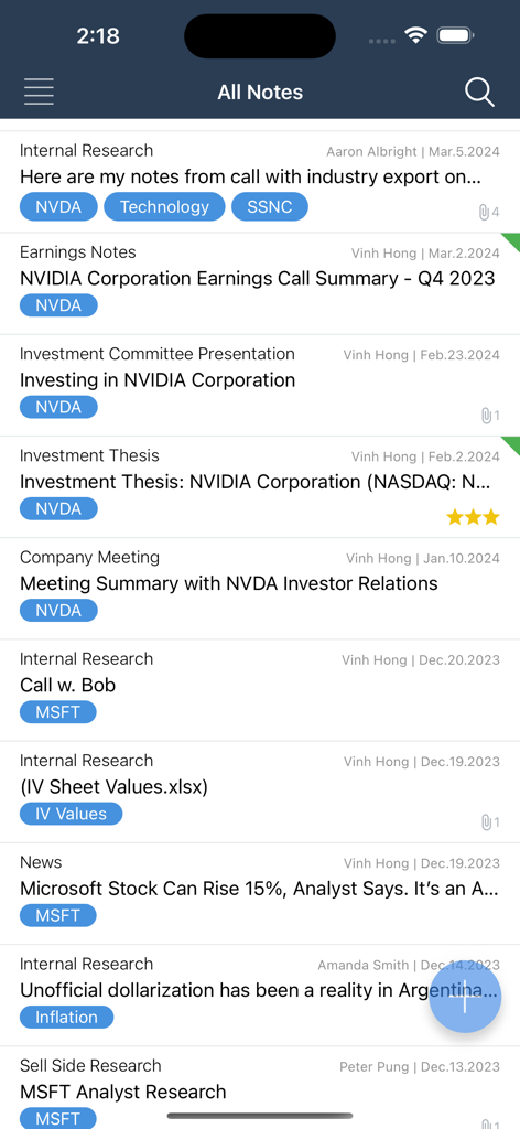 Mobile interface of Tamale RMS showing a list of investment research notes and earnings summaries for stocks like NVDA and MSFT.
