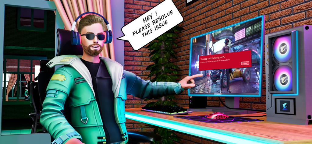 Internet Cafe Simulator Games - A character in a gaming cafe pointing at a computer screen with an error message and a speech bubble asking for help
