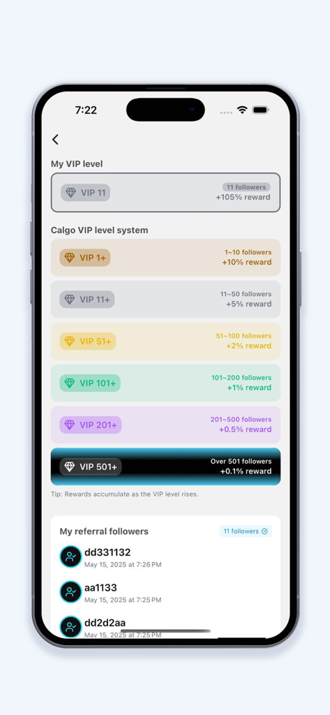 Calgo - Calgo app VIP reward tiers and referral follower list