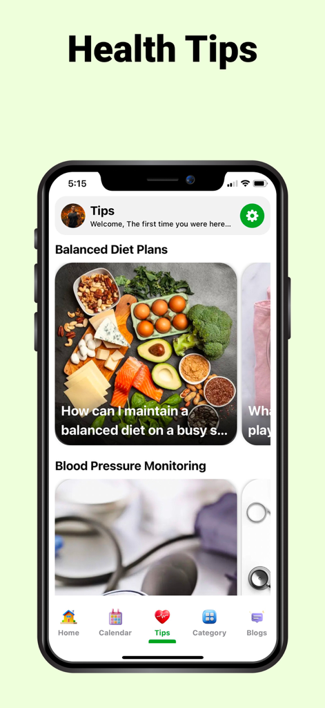 Health Tips screen of the Blood Pressure Tracker app showing balanced diet plans and health articles