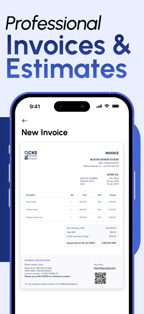 AI Invoice Maker & Receipt - ビジネスブランディング、項目別サービス、支払いQRコードを表示するモバイル画面上のプロフェッショナル請求書テンプレート。