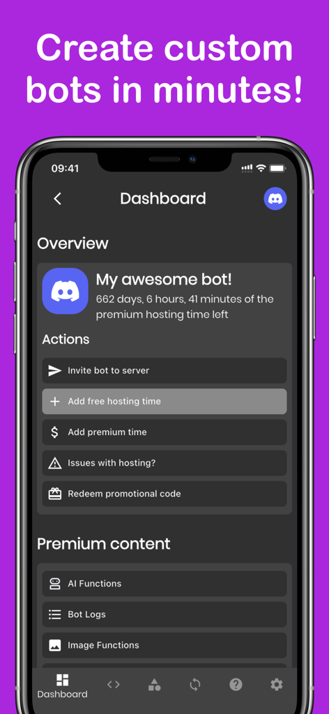 Dashboard of Bot Designer for Discord app showing bot management and hosting features.