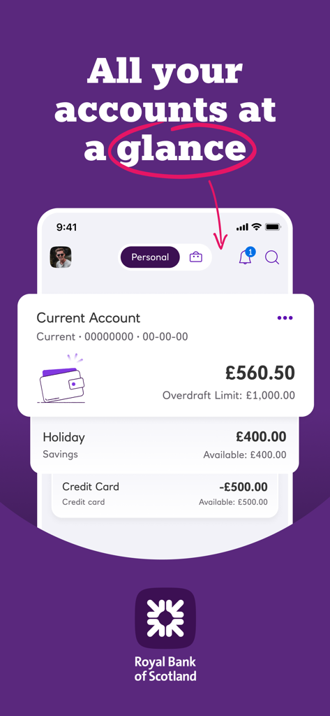 Royal Bank of Scotland mobile app home screen showing current and savings account balances at a glance