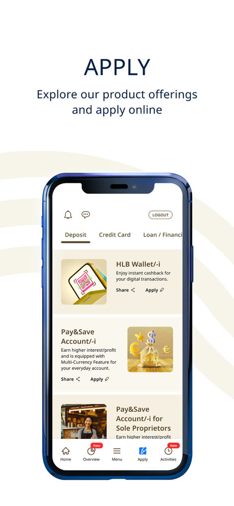 HLB Connect Mobile Banking App - Interfaccia dell'app HLB Connect per richiedere conti bancari e portafogli online