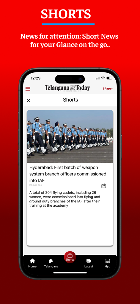Telangana Today - A screenshot of the Telangana Today mobile app showing the Shorts section with a news story about IAF officers in Hyderabad.
