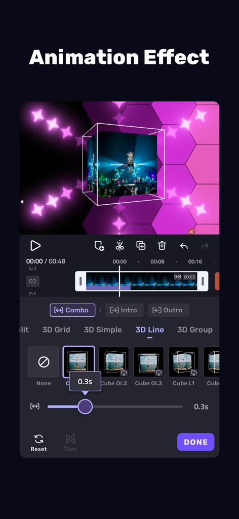 VivaCut mobile app interface showing a 3D cube animation effect and multi-layer video editing timeline.