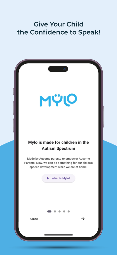 Mylo - Speech Therapy Support - Mylo app welcome screen for speech therapy and autism support