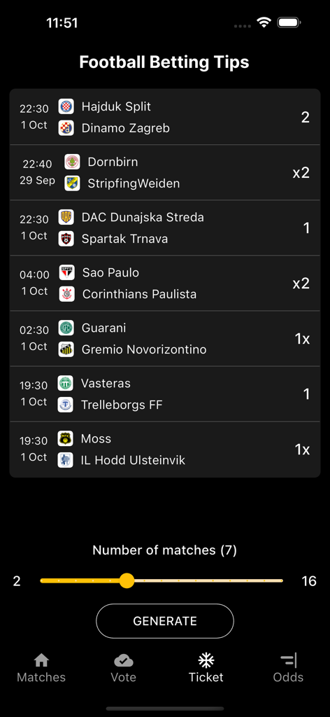 Football Betting Odds & Tips - サッカーのベッティングアプリのチケットジェネレーター画面。試合の予想とオッズが表示されています