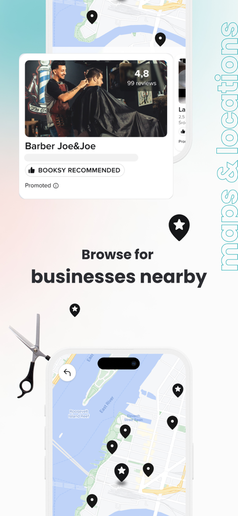 Booksy app map interface showing nearby barber shops and salons with ratings and locations