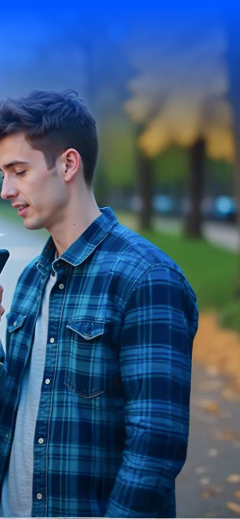 Young man using the TranslateMate AI app on his smartphone