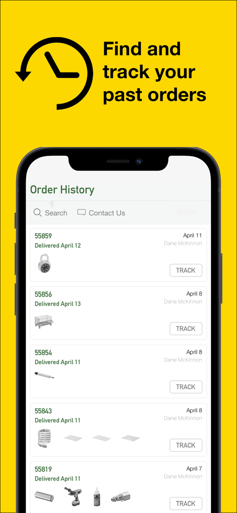 McMaster-Carr - Interfaccia dell'app McMaster-Carr che mostra la cronologia degli ordini e lo stato di tracciamento per forniture industriali