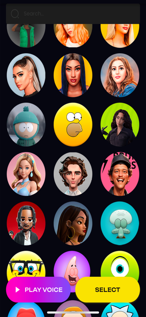 Funny Voice Changer: AI Voices - Una griglia di avatar di personaggi e celebrità per selezionare diverse voci AI nell'app