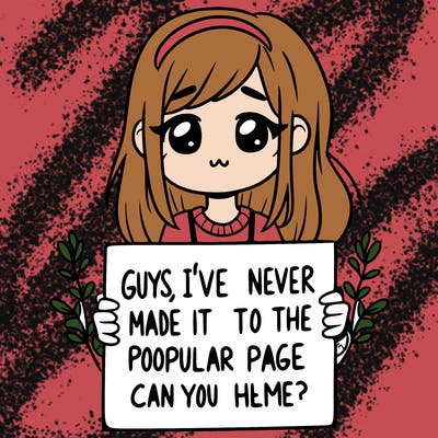 a girl holding up a sign that says, guys, i’ve never made it to the popular page, can you help me?