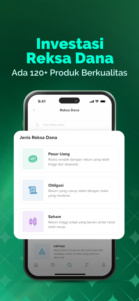 Bibit app screen showing various mutual fund categories including money market, bonds, and stocks
