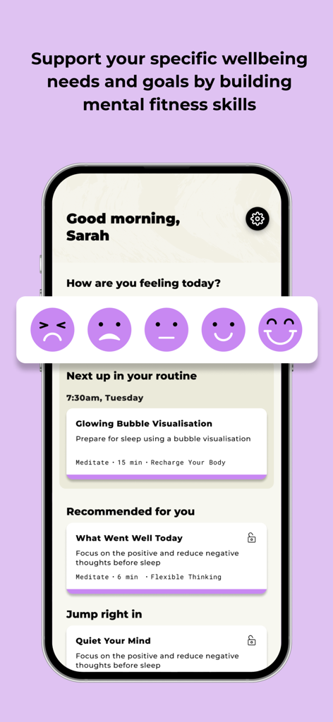 Smiling Mind: Mental Wellbeing - Smiling Mind app screen showing a mood check-in and personalized mental fitness routines