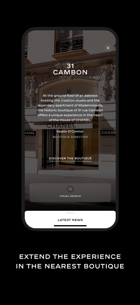 CHANEL FASHION - Screenshot der Chanel Fashion App mit Informationen über die Boutique 31 Cambon in Paris