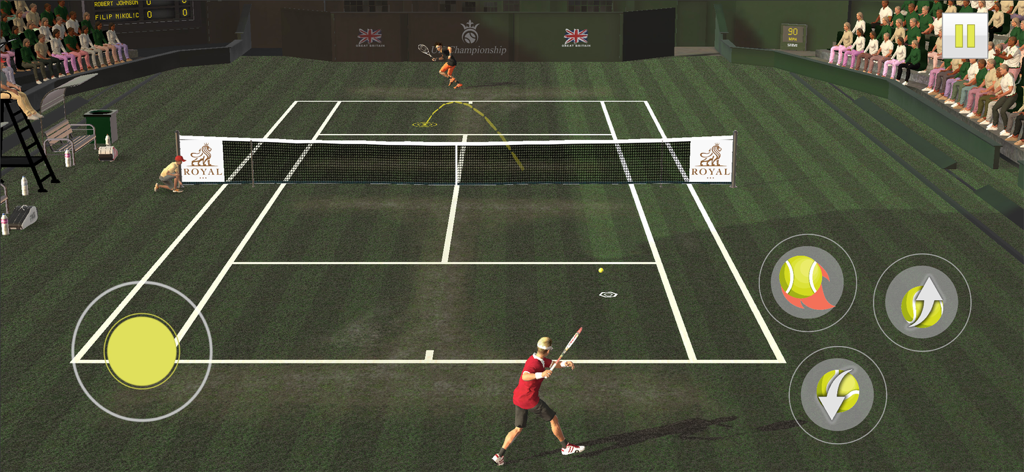 3D tennis simulation gameplay on a grass court with on screen controls in Cross Court Tennis 3