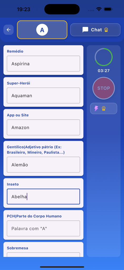 Mobile gameplay of Adedonha Online showing word categories and a red STOP button