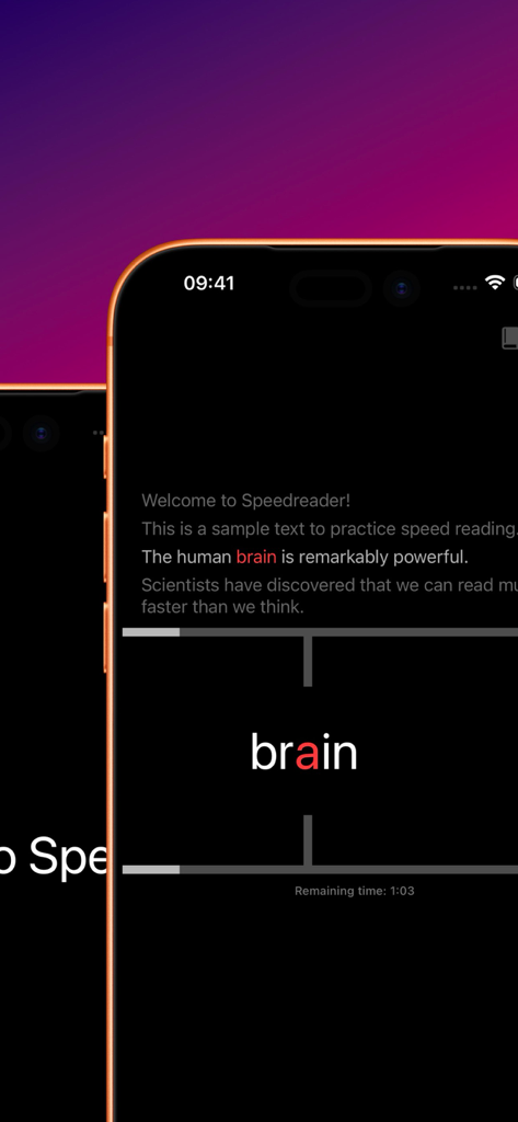 Speed Reader! - Speed Reader app interface showing Flash Mode with Optimal Recognition Point highlighting on a single word.