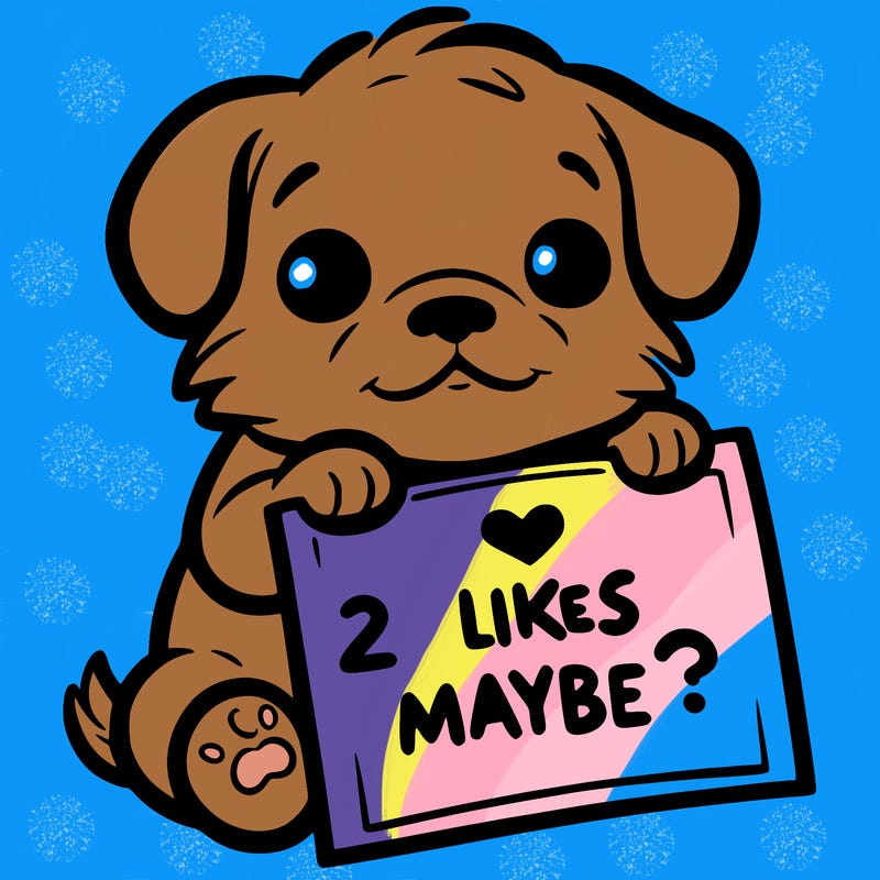 a puppy holding a sign that says 2 likes maybe?