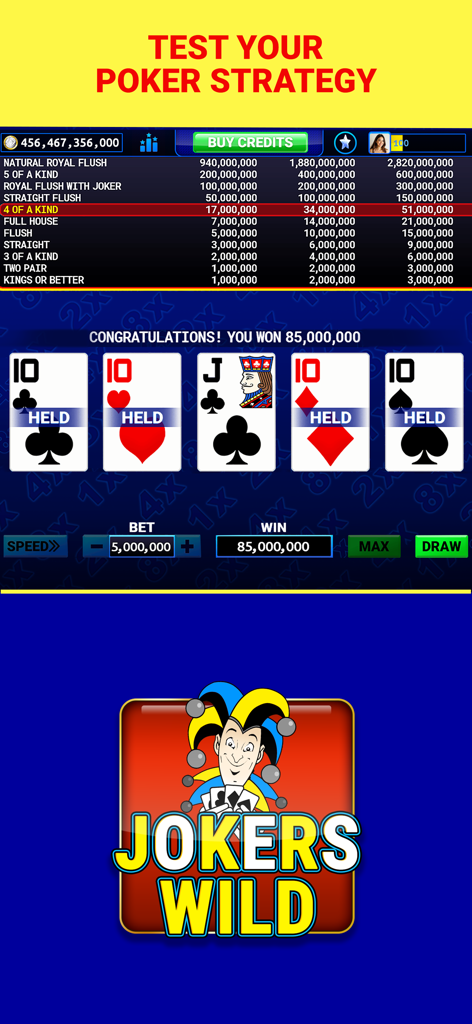 Multi-Play Video Poker ™ - Main gagnante de quatre cartes identiques de dizaines dans le mode de jeu Multi-Play Video Poker Jokers Wild.