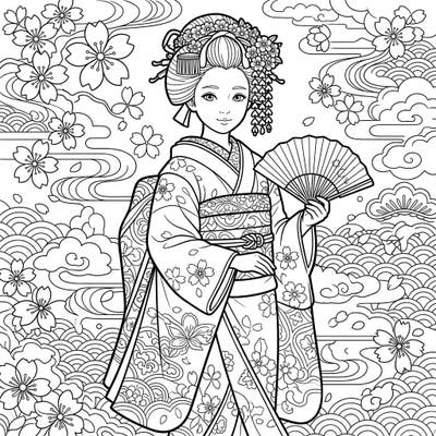 Discover the beauty of traditional Japan with this exquisite maiko portrait. Intricate details of her kimono, hair, and the surrounding cherry blossoms await your creative touch.
