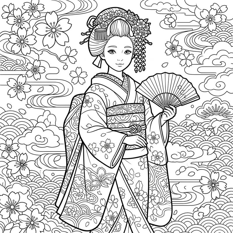 Discover the beauty of traditional Japan with this exquisite maiko portrait. Intricate details of her kimono, hair, and the surrounding cherry blossoms await your creative touch.