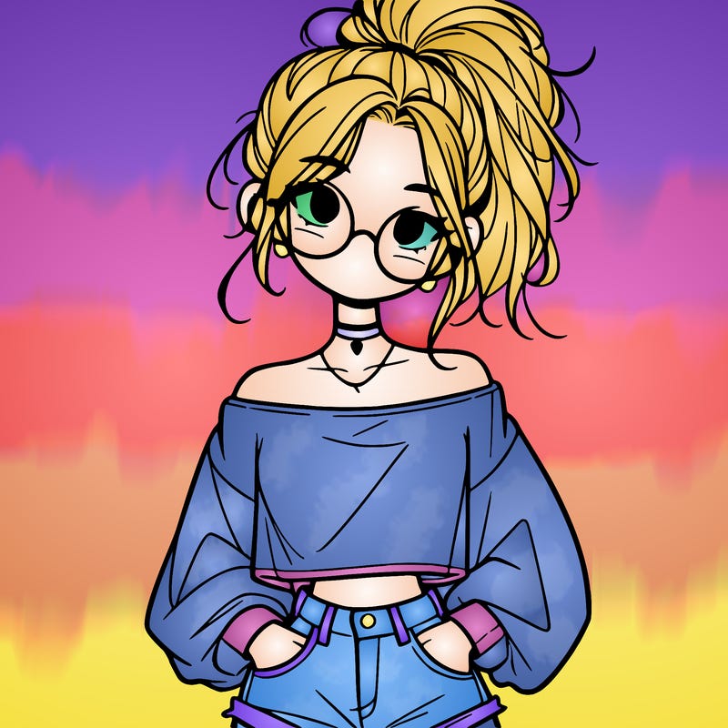 girl with a messy ponytail glasses a baggy crop top and jean shorts