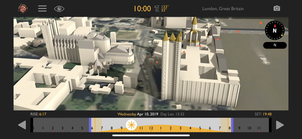 Helios Location Light Pre-Vis - 3D building light and shadow simulation in London at 10 AM using Helios app