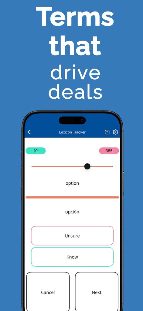 Financial English: Learn Words - Mobile app interface showing a financial English flashcard with the word option and its translation