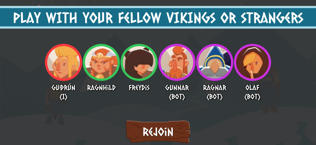 Odin - Helvetiq - Multiplayer-Lobby im Odin-Kartenspiel mit Wikinger-Charakter-Avataren und Bots