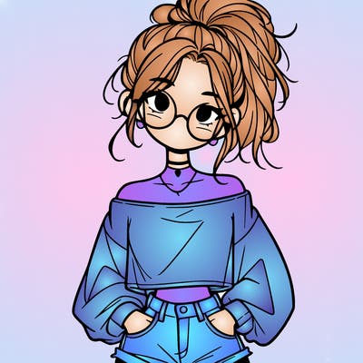 girl with a messy ponytail glasses a baggy crop top and jean shorts