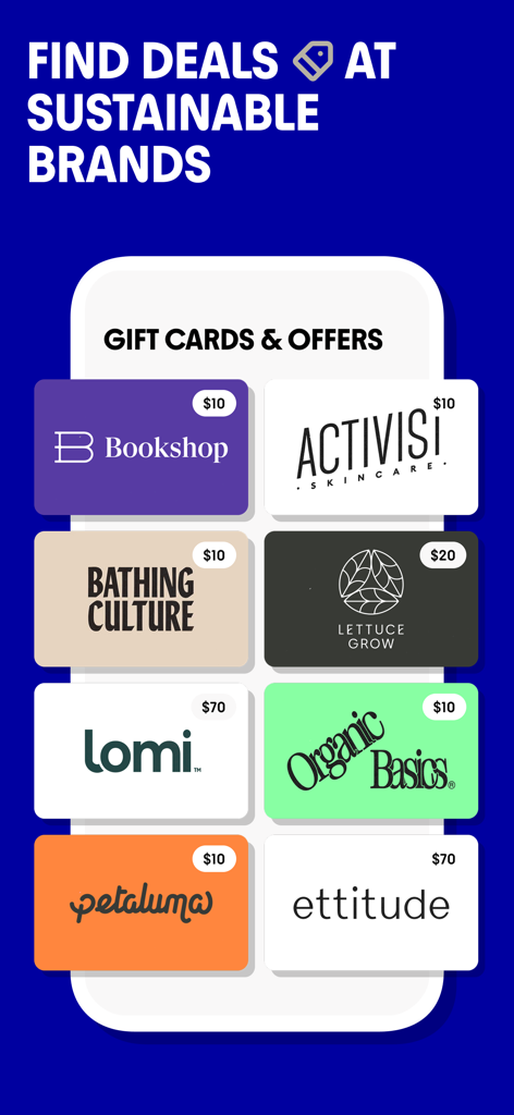 Commons: Make Your Money Count - Commons app screen showing various gift card offers from sustainable brands like Bookshop and Organic Basics