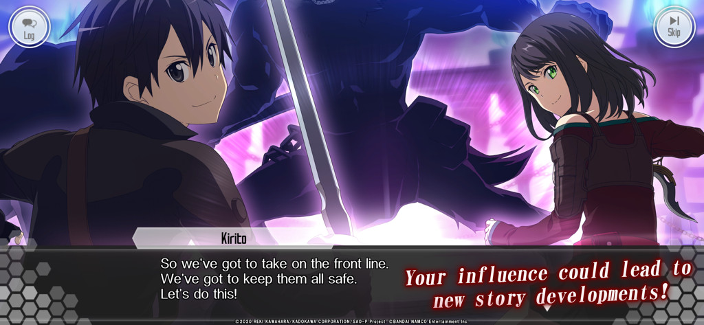 Kirito and partner Koharu facing a large monster during an alternative story dialogue in Sword Art Online Integral Factor.