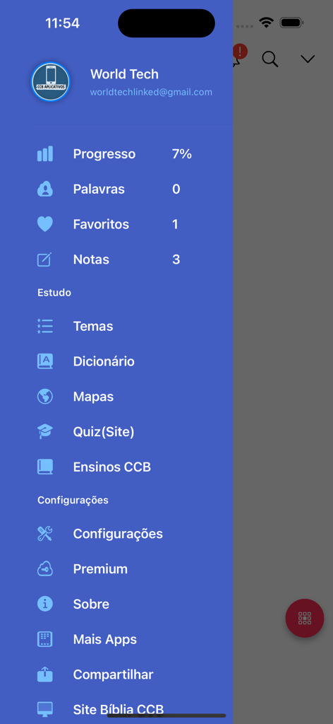 Biblia CCB - Menu de navegação lateral do aplicativo móvel Biblia CCB mostrando ferramentas de estudo e configurações