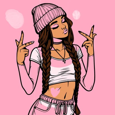realistic teenage girl with braids and a beanie and crop top doing 🫶🏼