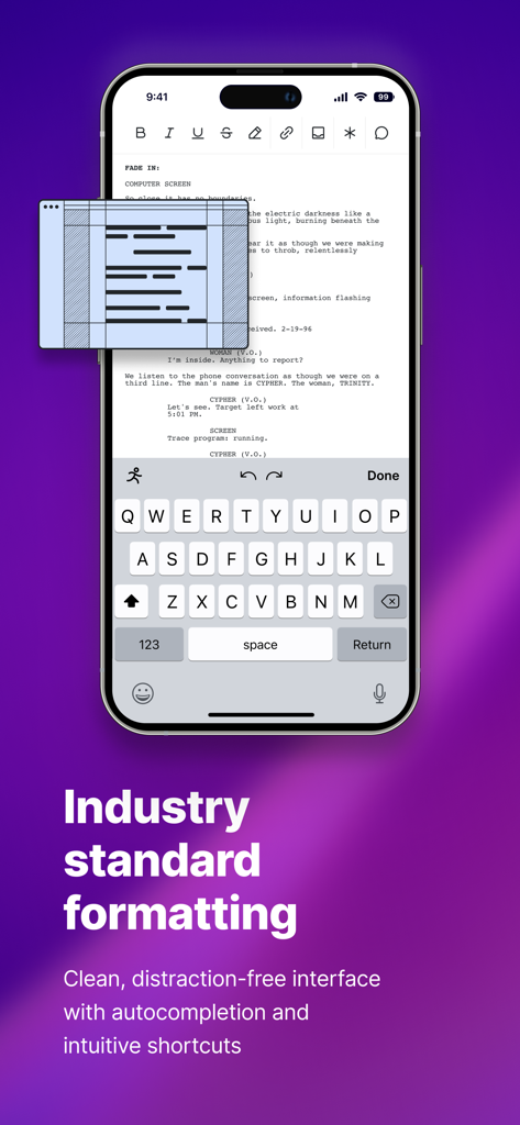Arc Studio Screenwriting - Arc Studio Screenwriting mobile app interface showing industry standard script formatting on an iPhone