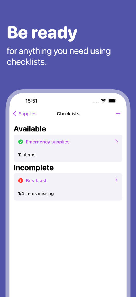 Supplies - home inventory app - Supplies app interface displaying organized checklists for emergency supplies and breakfast inventory