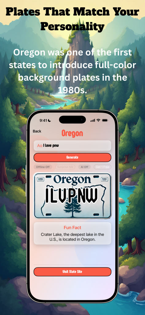 Plate Picasso! - Pantalla de la aplicación Plate Picasso mostrando una idea de matrícula personalizada generada por IA de Oregón para la frase I love pnw