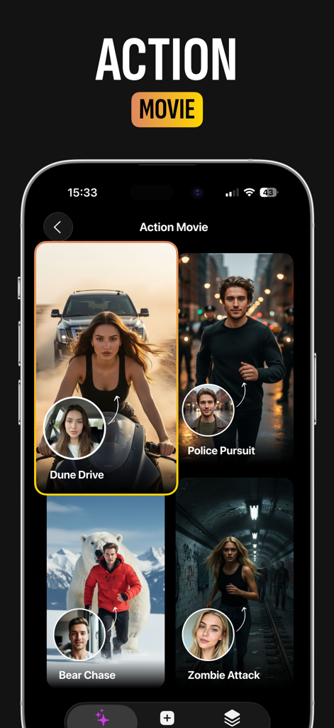 AIYAI - AI Photo & Video Maker - AIYAI app screen featuring action movie AI video templates including Dune Drive and Police Pursuit