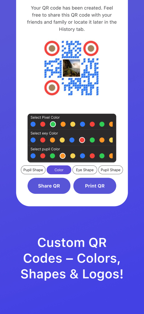 QR Code Pro: scan, generate - Uma interface móvel para personalizar cores, formas de códigos QR e adicionar um logotipo central.