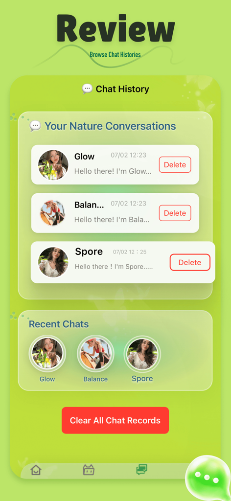 Interface de l'application Narru affichant une liste de conversations récentes sur la nature et l'historique des discussions avec les guides IA.