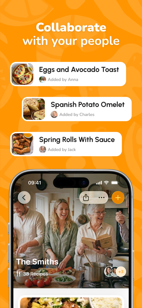 CookNest app interface showing shared recipe collections with family and friends