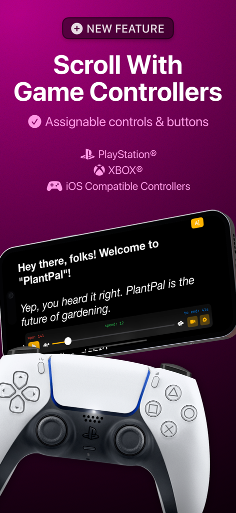 PlayStation 또는 Xbox 게임 컨트롤러를 사용하여 텔레프롬프터 앱에서 스크립트 원격 스크롤을 보여줌