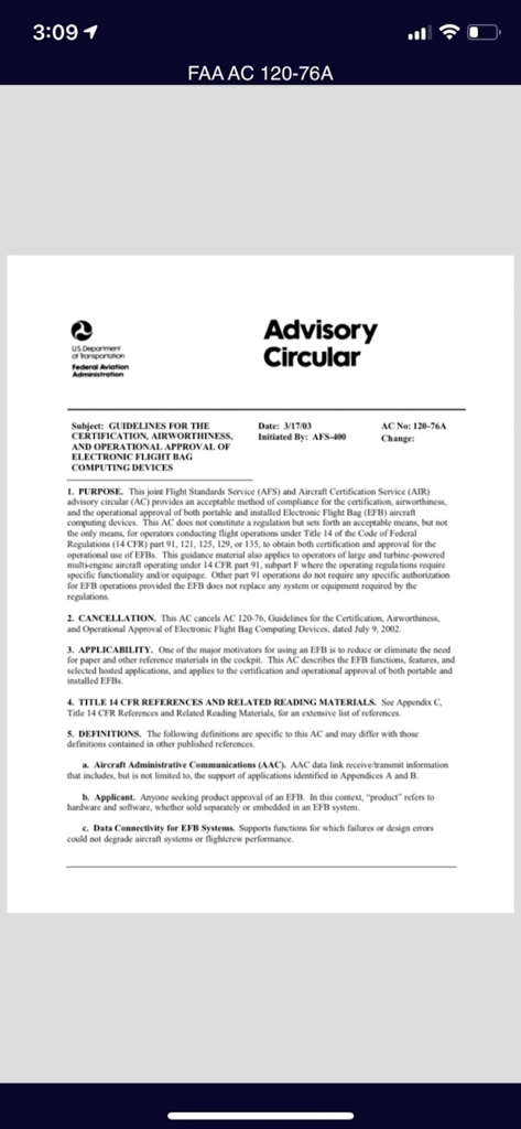 FAA Advisory Circular document regarding electronic flight bag guidelines displayed in the Aviation Docs app.