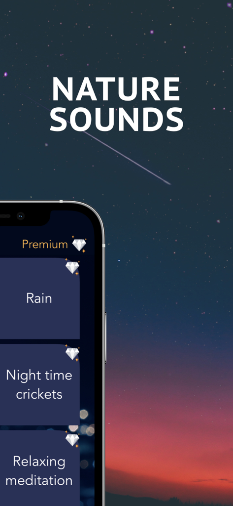 Sleep Fan app screen showing premium nature sounds like rain and crickets over a starry night background