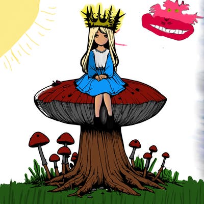 realistic girl sitting on a huge tree stump size toadstool with thorn crown